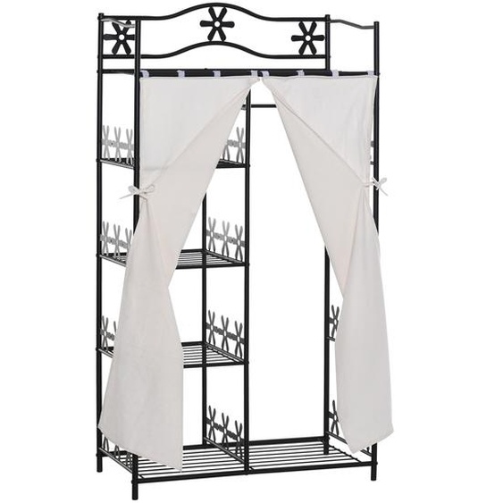 Armoire HOMCOM avec plusieurs espaces de rangement, 5 étagères, 84 L x 42 l x 159 H cm, métal noir, motif floral, 2 rideaux blancs