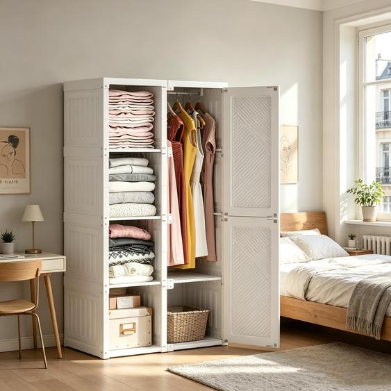 Armoire INONEFT avec 6 portes magnétiques et une barre de suspension, armoire pliante multifonctionnelle, idéale pour le salon ou la chambre, de couleur blanche