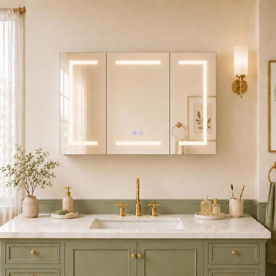 Armoire LED de 100 cm avec 3 portes, fonction anti-buée et prise électrique, de couleur blanche