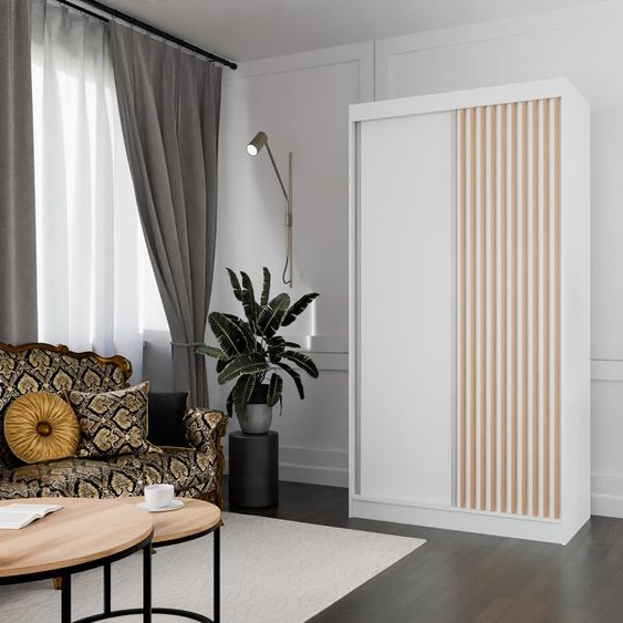 Armoire Lili à lamelles 120 cm avec 2 portes coulissantes Armoire à portes coulissantes Tringle à vêtements Penderie Armoire Livraison à domicile (Couleur : blanc, blanc, lamelles wotan)