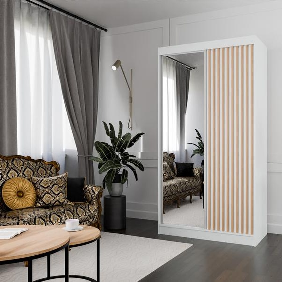 Armoire Lili à lamelles 120 cm avec 2 portes coulissantes Armoire à portes coulissantes Tringle à vêtements Penderie Armoire Livraison à domicile (couleur : blanc, blanc, lamelles wotan, miroir)