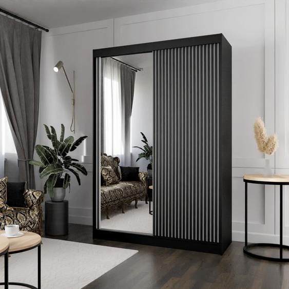 Armoire Lili à lamelles 120 cm avec 2 portes coulissantes Armoire à portes coulissantes Tringle à vêtements Penderie Armoire Livraison à domicile (couleur : noir, blanc, lamelles noires, miroir)