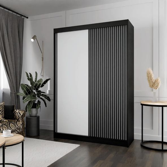 Armoire Lili à lamelles 120 cm avec 2 portes coulissantes Armoire à portes coulissantes Tringle à vêtements Penderie Armoire Livraison à domicile Couleur : noir, blanc, lamelles noires