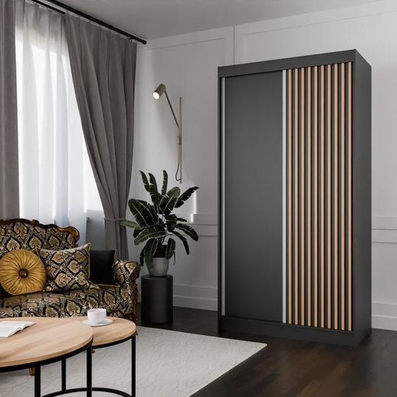 Armoire Lili à lamelles 120 cm avec 2 portes coulissantes Armoire à portes coulissantes Tringle à vêtements Penderie Armoire Livraison à domicile Couleur : noir, noir, lamelles wotan