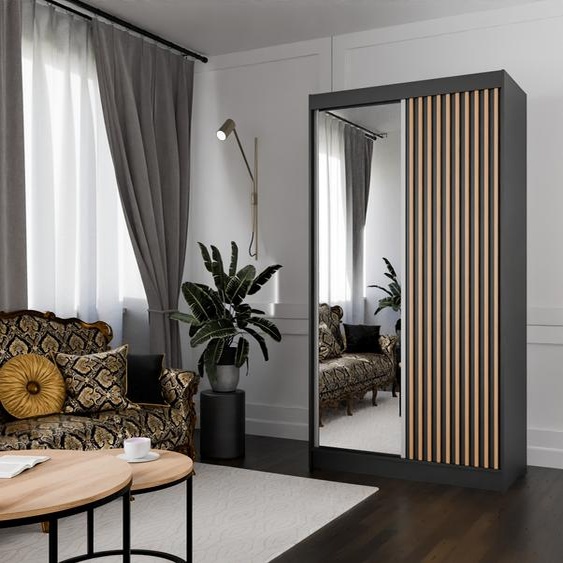 Armoire Lili à lamelles 120 cm avec 2 portes coulissantes Armoire à portes coulissantes Tringle à vêtements Penderie Armoire Livraison à domicile (couleur : noir, noir, lamelles wotan, miroir)
