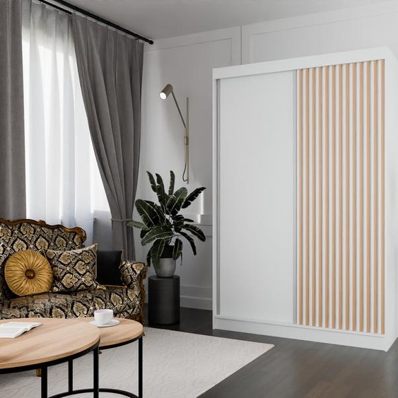 Armoire Lili à lamelles 150 cm avec 2 portes coulissantes Armoire à portes coulissantes Tringle à vêtements Penderie Armoire Livraison à domicile (Couleur : blanc, blanc, lamelles wotan)