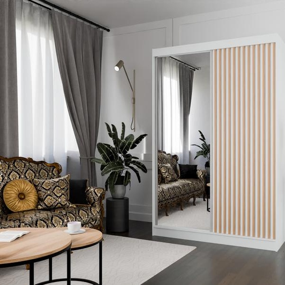 Armoire Lili à lamelles 150 cm avec 2 portes coulissantes Armoire à portes coulissantes Tringle à vêtements Penderie Armoire Livraison à domicile (couleur : blanc, blanc, lamelles wotan, miroir)
