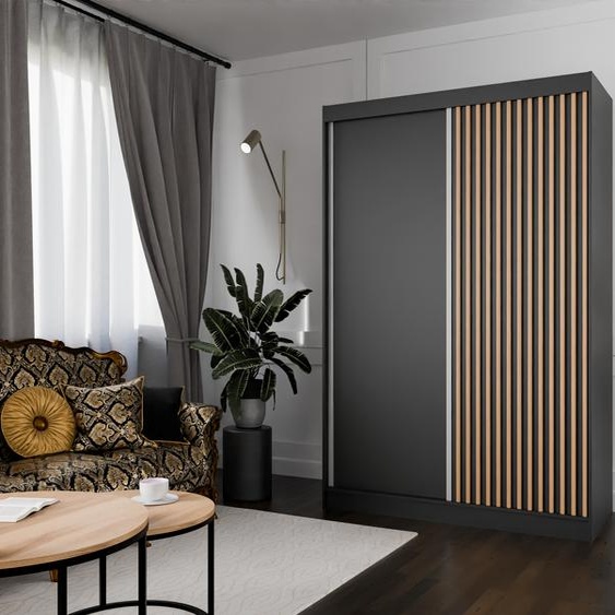 Armoire Lili à lamelles 150 cm avec 2 portes coulissantes Armoire à portes coulissantes Tringle à vêtements Penderie Armoire Livraison à domicile (Couleur : noir, noir, lamelles wotan)