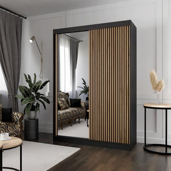 Armoire Lili à lamelles 150 cm avec 2 portes coulissantes Armoire à portes coulissantes Tringle à vêtements Penderie Armoire Livraison à domicile (couleur : noir, noir, lamelles wotan, miroir)