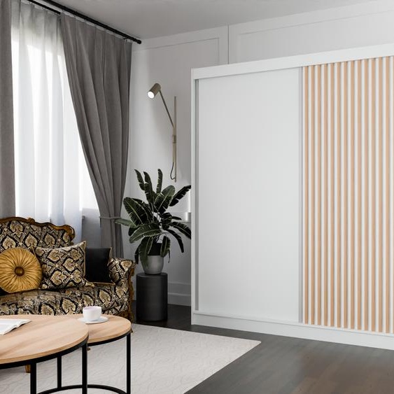 Armoire Lili à lamelles 200 cm avec 2 portes coulissantes Armoire à portes coulissantes Tringle à vêtements Penderie Armoire Livraison à domicile (Couleur : blanc, blanc, lamelles wotan)