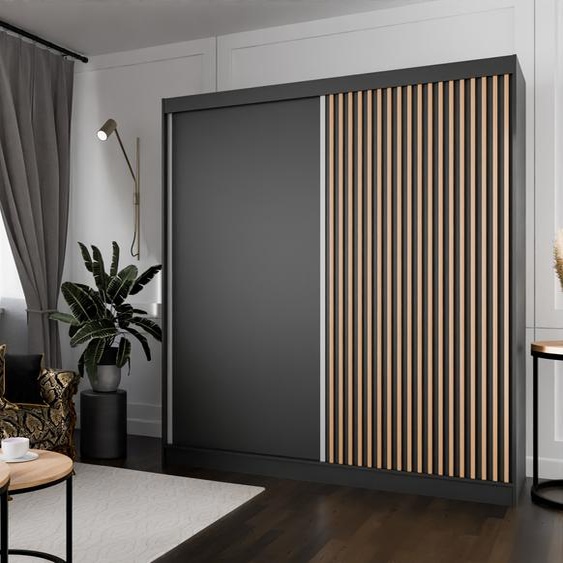 Armoire Lili à lamelles 200 cm avec 2 portes coulissantes Armoire à portes coulissantes Tringle à vêtements Penderie Armoire Livraison à domicile (couleur : noir, noir, lamelles wotan)