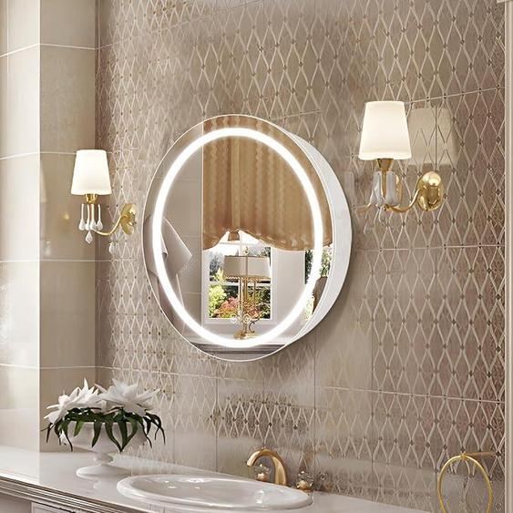Armoire médicale ronde de 51 cm avec éclairage, armoire médicale LED avec système anti-buée, miroir éclairé pour salle de bain, avec variateur dintensité, anti-buée, température de couleur de 3000 K à 6500 K, blanc