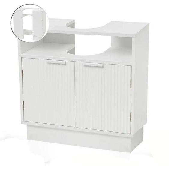 Armoire, meuble de rangement sous évier suspendu pour salle de bain en bois avec 2 portes coloris blanc