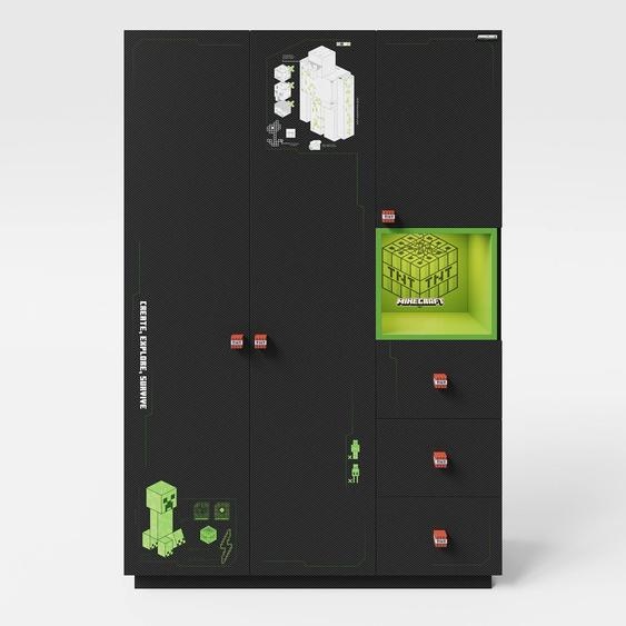 Armoire Minecraft 3 Portes Et 3 Tiroirs Avec Éclairage Led Noir - Effet Carbone Noir