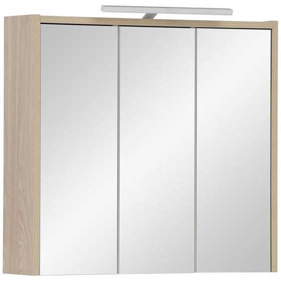 Armoire miroir à 3 portes, dimensions 65x16x60 cm, finition chêne clair, éclairage LED