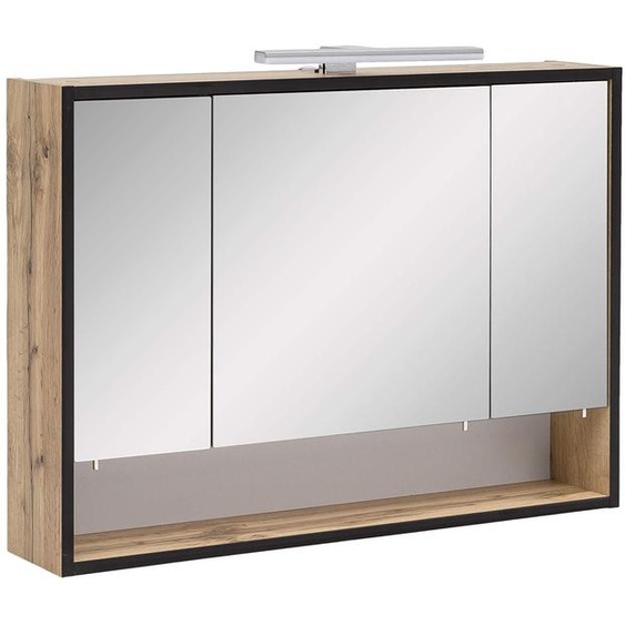 Armoire miroir à 3 portes, style rustique en chêne, dimensions 80 x 16 x 65,6 cm, éclairage LED