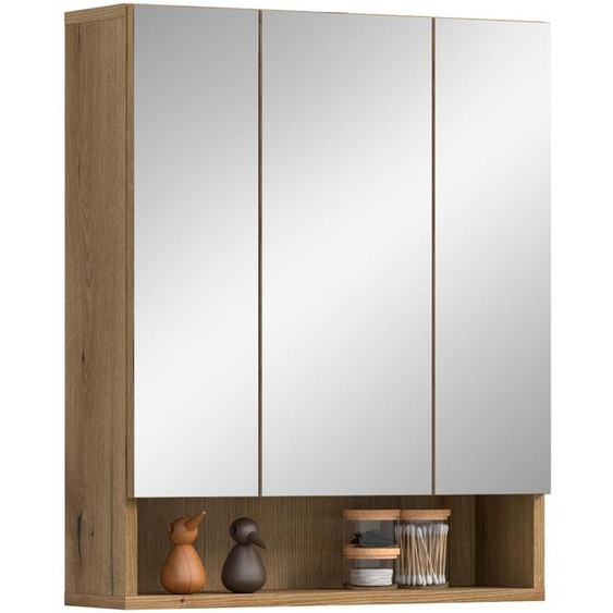 Armoire miroir Aqua, dimensions 60x74x18 cm, finition Evoke Oak, 3 portes, 6 étagères