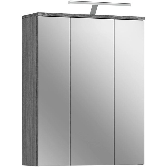 Armoire miroir avec éclairage, 3 portes, 6 étagères, finition argent fumé, dimensions : 60 x 77 x 21 cm