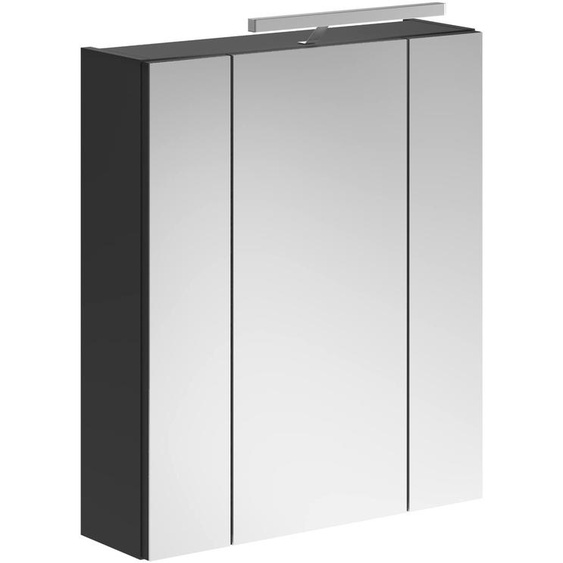 Armoire miroir avec éclairage, dimensions 60x70x18 cm, noire, avec 3 portes et 6 étagères