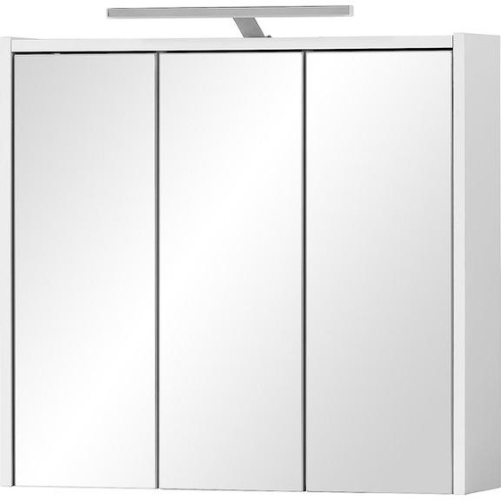 Armoire miroir de 65x16x64 cm, blanc mat, 3 portes, 6 étagères en verre