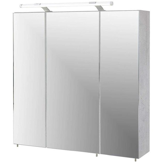 Armoire miroir de 70x75x16 cm, avec 3 portes, éclairage LED, 6 étagères en verre, de couleur gris pierre/blanc