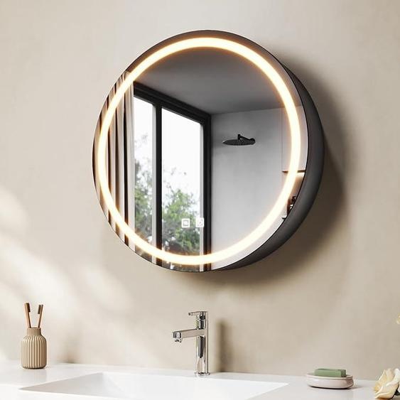 Armoire miroir de salle de bain ronde, 60 cm, avec prise électrique et interrupteur tactile, couleur gris. Armoire médicale anti-buée avec 3 couleurs de lumière, variateur dintensité et mémoire. Structure en métal gris, idéale pour la rénovation de