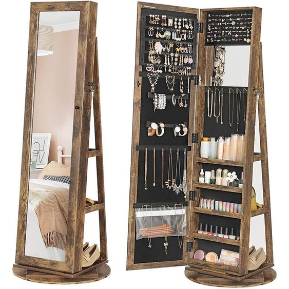 Armoire miroir décorative, rotative à 360°, verrouillable, avec étagères, couleur marron vintage, dimensions : 54 x 54 x 161 cm
