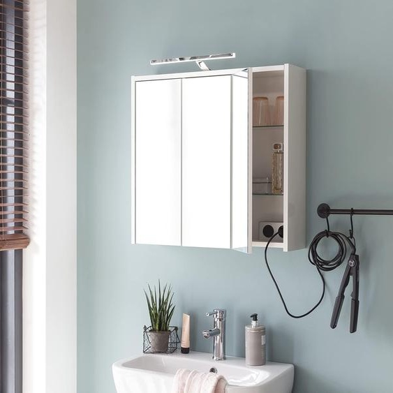 Armoire miroir, dimensions 65 x 16 x 64 cm, 6 étagères en verre, finition blanche brillante