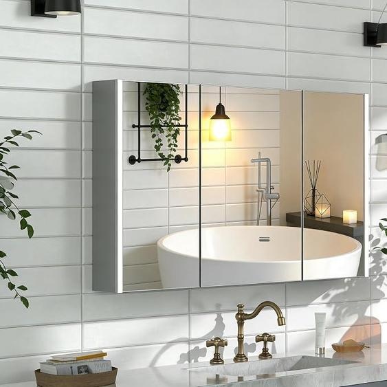 Armoire miroir pour salle de bain avec éclairage, 100x70x13 cm. Armoire miroir pour salle de bain, miroir avec éclairage LED, meuble de salle de bain avec 3 portes, variateur dintensité, ouverture pour distributeur de papier