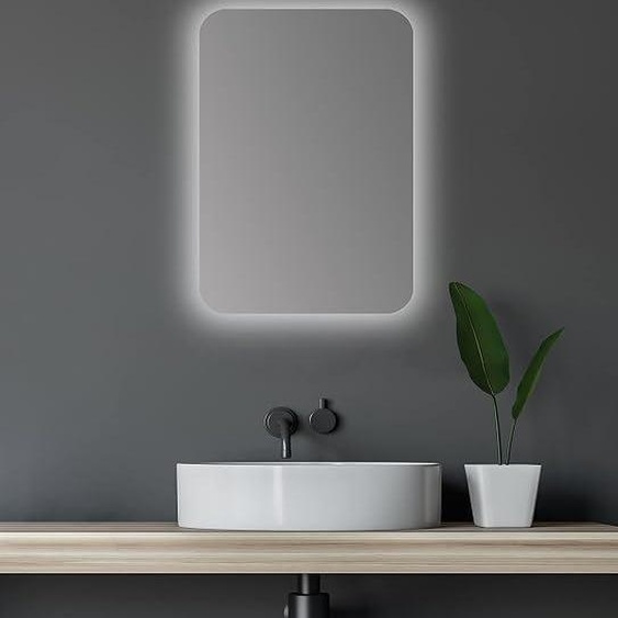 Armoire miroir pour salle de bain avec éclairage, forme ovale, 40 x 60 cm. Corps en aluminium de haute qualité, finition noir mat. Deux étagères en verre