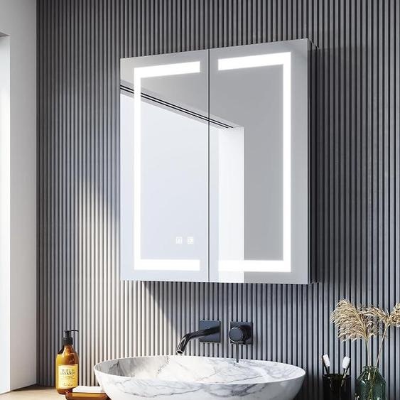 Armoire miroir pour salle de bain, éclairage intégré, largeur 60 cm, sans quincaillerie visible, éclairage LED et prise électrique, 2 portes, interrupteur tactile, lumière froide/neutre/chaude, dimensions 700x600x130 mm, en acier inoxydable
