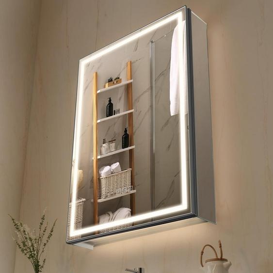 Armoire miroir pour salle de bain, LED, 50 x 70 cm, à encastrer ou à fixer au mur, 3 couleurs, variateur dintensité, avec éclairage de sol
