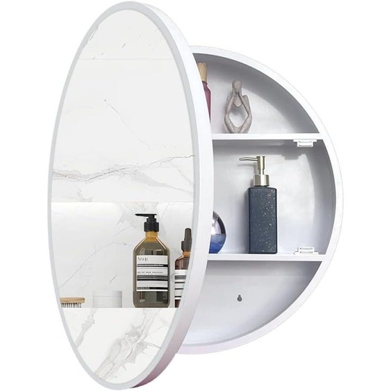 Armoire miroir ronde, cadre miroir en aluminium, structure en fer avec revêtement par poudre, charnière hydraulique, miroir en argent sans cuivre, 61 cm, blanc