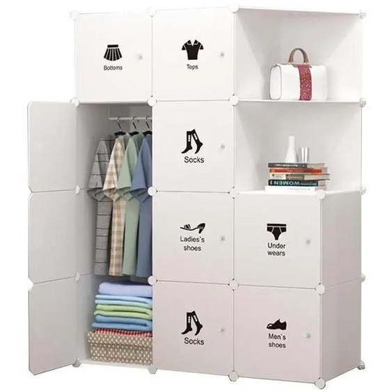 Armoire modulable en plastique - Étagère cubique - 10 portes - 1 barre de penderie - 2 modules dangle - Montage facile (type faites-le vous-même) - Autoportante
