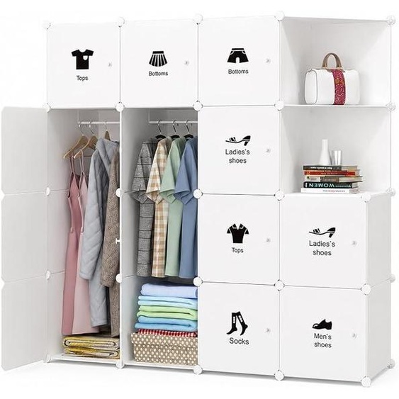 Armoire modulaire en plastique, étagère avec 8 compartiments | Armoire modulaire en plastique avec 8 compartiments, portes et tringle à vêtements, extensible de manière flexible pour le rangement des vêtements