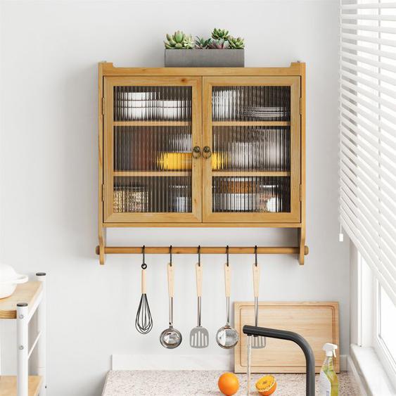 Armoire murale vintage à double porte vitrée, 63 cm, 3 étagères, porte-serviettes, couleur bois naturel, pour salle de bain,