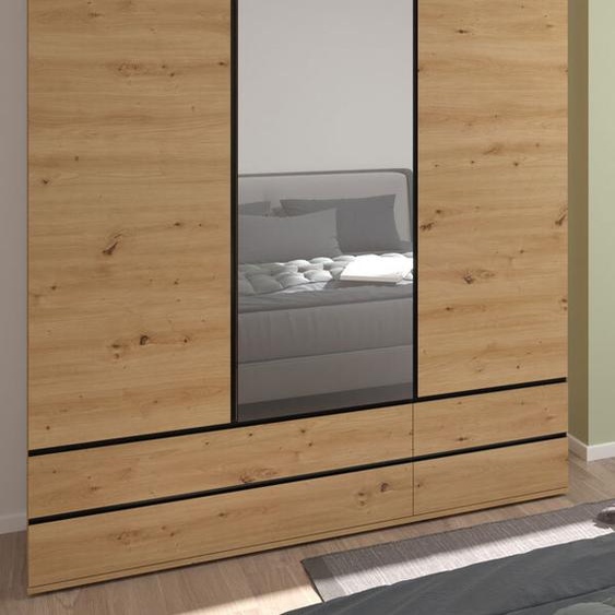 Armoire Naxos à portes battantes avec miroir 165 x 58 x 210 cm, chêne artisan noir mat