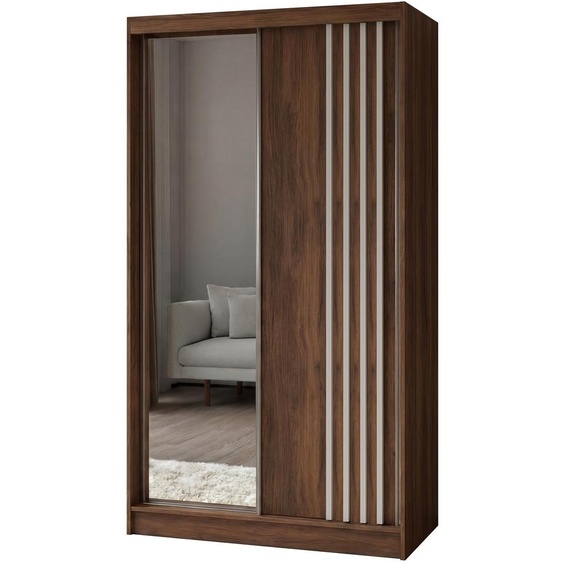 Armoire Neli de 120 cm avec lamelles et miroir, comprenant 2 portes coulissantes. Armoire coulissante (couleur : noyer Warmia, lamelles blanches)