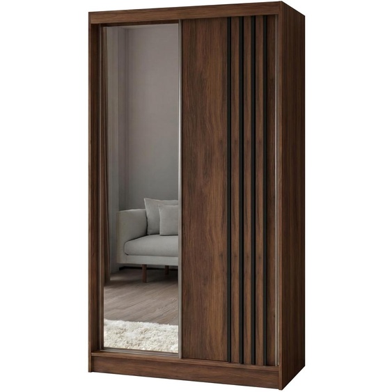 Armoire Neli de 120 cm avec lamelles et miroir, comprenant 2 portes coulissantes. Armoire coulissante (couleur : Noyer Warmia, lamelles noires)