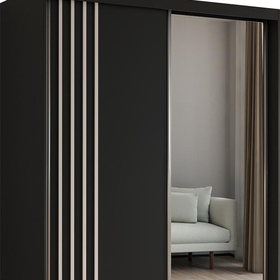 Armoire Neli de 150 cm avec lamelles et miroir, 2 portes coulissantes (couleur : noir, noir, lamelles blanches)