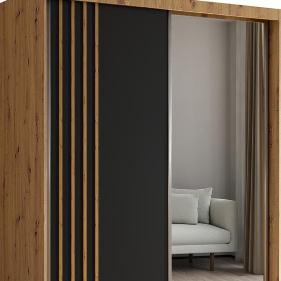 Armoire Neli de 150 cm avec lamelles et miroir, 2 portes coulissantes incluses Armoire à portes coulissantes (couleur : Artisan, noir, lamelles Artisan)