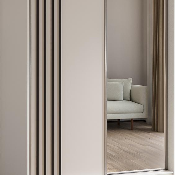 Armoire Neli de 150 cm avec lamelles et miroir, comprenant 2 portes coulissantes Armoire à portes coulissantes (couleur : blanc, blanc, lamelles noires)