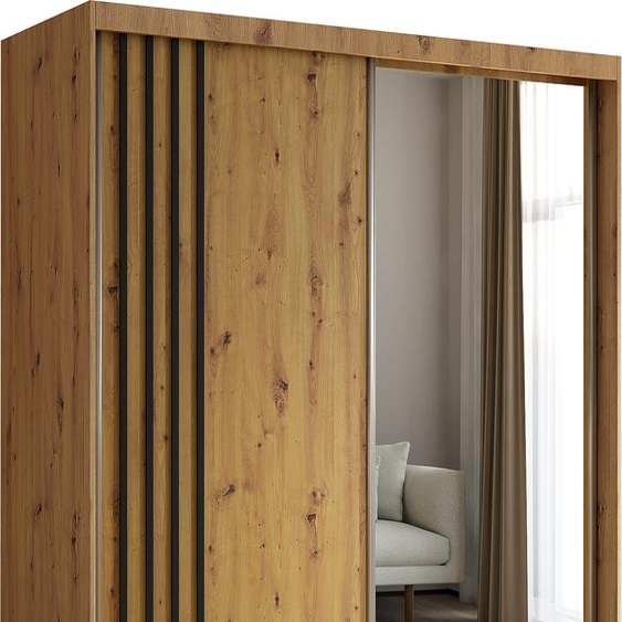 Armoire Neli de 160 cm avec lamelles et miroir, 2 portes coulissantes incluses Armoire à portes coulissantes (couleur : Artisan, Artisan, lamelles noires)