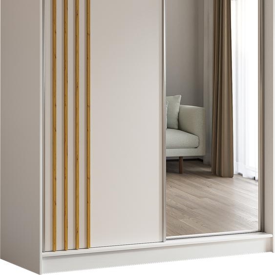 Armoire Neli de 160 cm avec lamelles et miroir, 2 portes coulissantes incluses Armoire à portes coulissantes (couleur : blanc, blanc, lamelles Artisan)