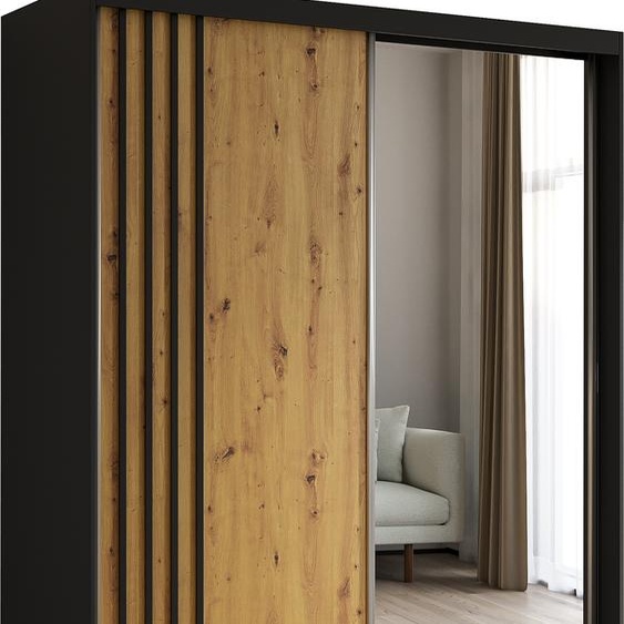 Armoire Neli de 160 cm avec lamelles et miroir, 2 portes coulissantes incluses Armoire à portes coulissantes (couleur : noir, Artisan, lamelles noires)