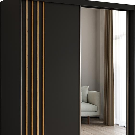 Armoire Neli de 160 cm avec lamelles et miroir, 2 portes coulissantes incluses Armoire à portes coulissantes (couleur : noir, noir, lamelles Artisan)