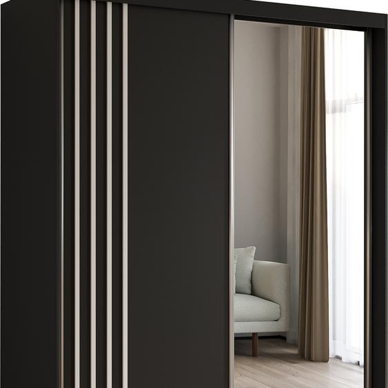 Armoire Neli de 160 cm avec lamelles et miroir, 2 portes coulissantes incluses Armoire à portes coulissantes (couleur : noir, noir, lamelles blanches)