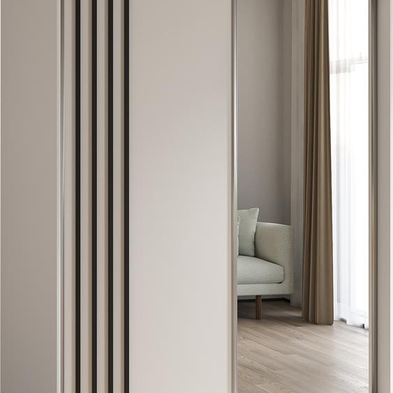 Armoire Neli de 160 cm avec lamelles et miroir, comprenant 2 portes coulissantes Armoire à portes coulissantes (couleur : blanc, blanc, lamelles noires)