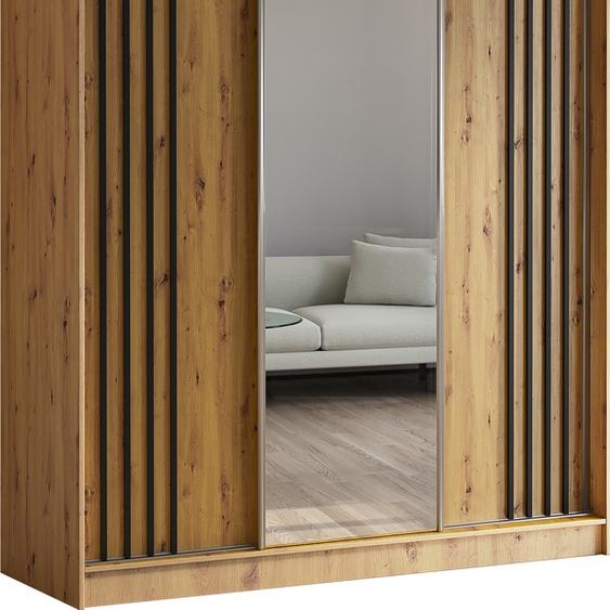 Armoire Neli de 180 cm avec lamelles et miroir, 3 portes coulissantes Armoire à portes coulissantes (couleur : Artisan, Artisan, lamelles noires)