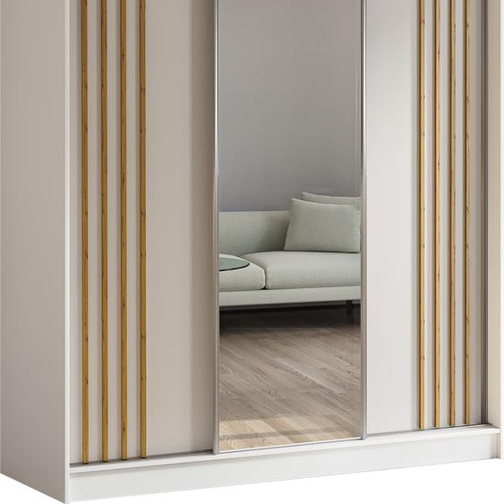 Armoire Neli de 180 cm avec lamelles et miroir, 3 portes coulissantes Armoire à portes coulissantes (couleur : blanc, blanc, lamelles Artisan)